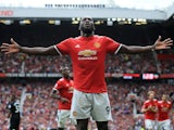 Romelu Lukaku celebrates scoring the second during the Premier League game between Manchester United and West Ham United on August 13, 2017