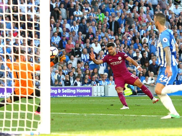 Sergio Aguero scores during the Premier League game between Brighton & Hove Albion and Manchester City on August 12, 2017