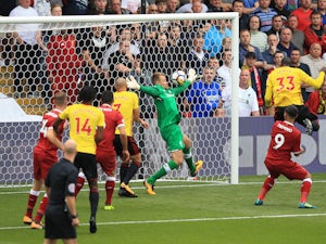Stefano Okaka scores the opener during the Premier League game between Watford and Liverpool on August 12, 2017