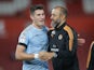Wolves skipper Danny Batth celebrates with manager Nuno Espirito Santo during the EFL Cup game between Southampton and Wolverhampton Wanderers on August 23, 2017