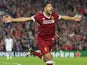 Emre Can celebrates scoring during the Champions League playoff between Liverpool and Hoffenheim on August 23, 2017