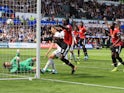 Eric Bailly scores the opener during the Premier League game between Swansea City and Manchester United on August 19, 2017