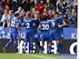 Harry Maguire celebrates with teammates after scoring during the Premier League game between Leicester City and Brighton & Hove Albion on August 19, 2017
