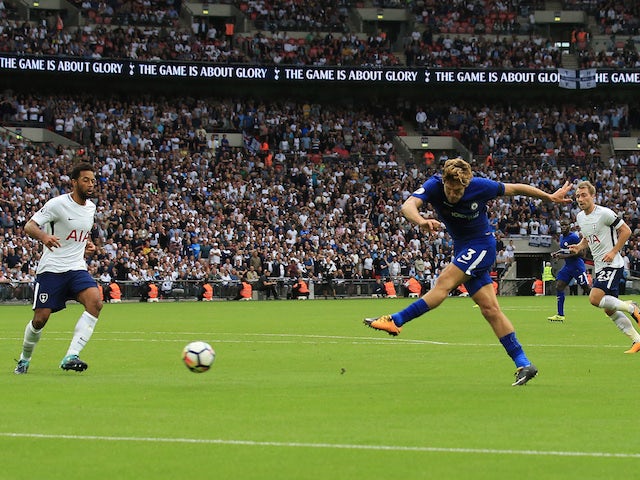 Marcos Alonso scores his second during the Premier League game between Tottenham Hotspur and Chelsea on August 20, 2017
