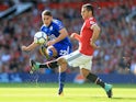 Matty James and Henrikh Mkhitaryan in action during the Premier League game between Manchester United and Leicester City on August 26, 2017