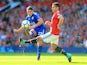 Matty James and Henrikh Mkhitaryan in action during the Premier League game between Manchester United and Leicester City on August 26, 2017