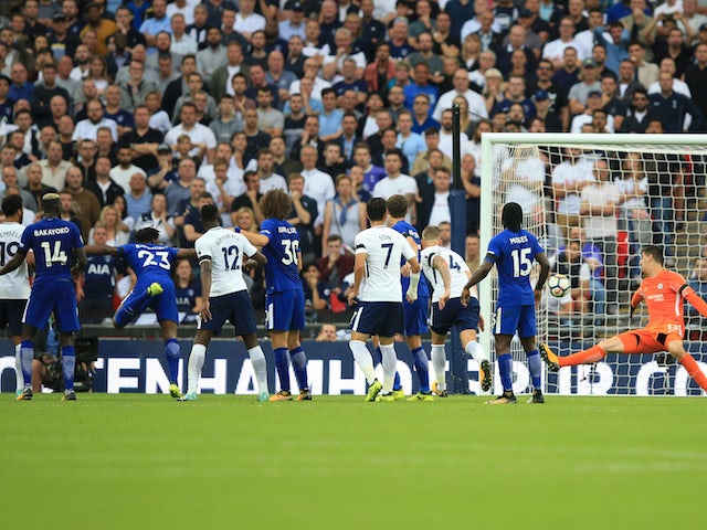 Michy Batshuayi scores with an incisive bullet header during the Premier League game between Tottenham Hotspur and Chelsea on August 20, 2017