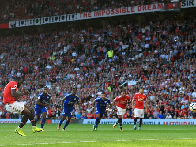 Romelu Lukaku sees his penalty saved during the Premier League game between Manchester United and Leicester City on August 26, 2017