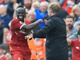 Sadio Mane celebrates with Jurgen Klopp during the Premier League game between Liverpool and Crystal Palace on August 19, 2017