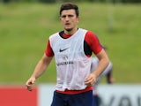 Harry Maguire in action during an England training session on August 29, 2017