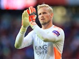Kasper Schmeichel applauds during the Premier League game between Manchester United and Leicester City on August 26, 2017