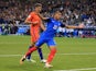 Kylian Mbappe celebrates scoring during the World Cup qualifier between France and the Netherlands on August 31, 2017
