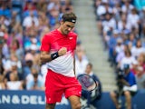 Roger Federer celebrates during the second round of the US Open on August 31, 2017