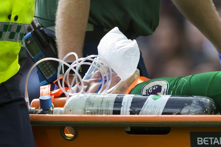 Ederson is stretchered off during the Premier League game between Manchester City and Liverpool on September 9, 2017