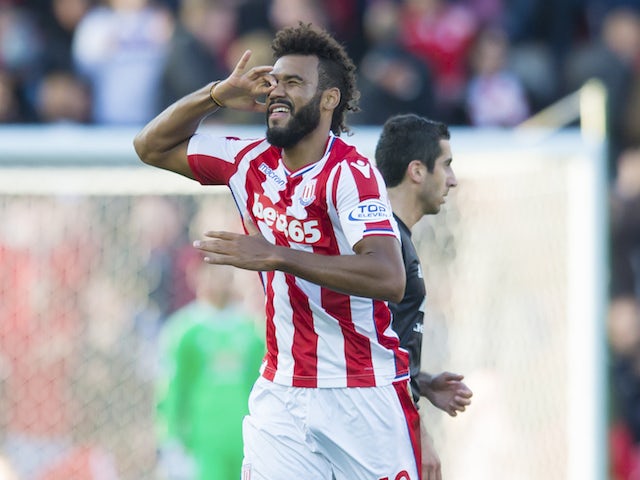 Eric Maxim Choupo-Moting celebrates opening the scoring during the Premier League game between Stoke City and Manchester United on September 9, 2017