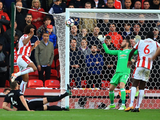 Eric Maxim Choupo-Moting gets his second during the Premier League game between Stoke City and Manchester United on September 9, 2017