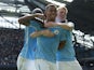 Gabriel Jesus celebrates with Kevin De Bruyne after scoring during the Premier League game between Manchester City and Liverpool on September 9, 2017