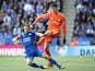 Jamie Vardy and Thibaut Courtois in action during the Premier League game between Leicester City and Chelsea on September 9, 2017