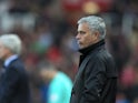 Jose Mourinho watches on during the Premier League game between Stoke City and Manchester United on September 9, 2017