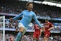 Leroy Sane celebrates the fourth during the Premier League game between Manchester City and Liverpool on September 9, 2017