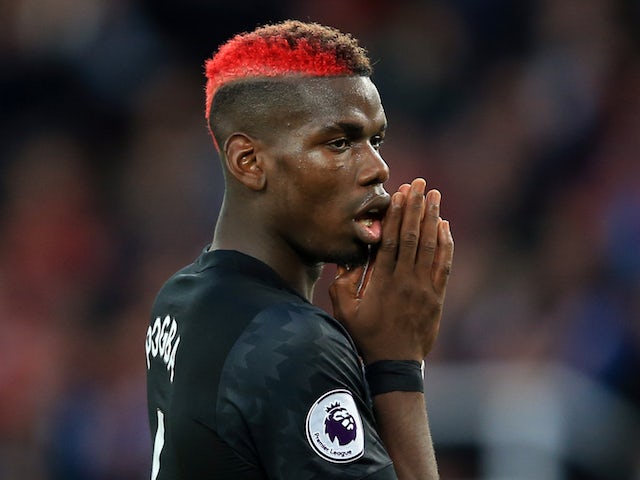 Paul Pogba reacts to his effort being saved during the Premier League game between Stoke City and Manchester United on September 9, 2017