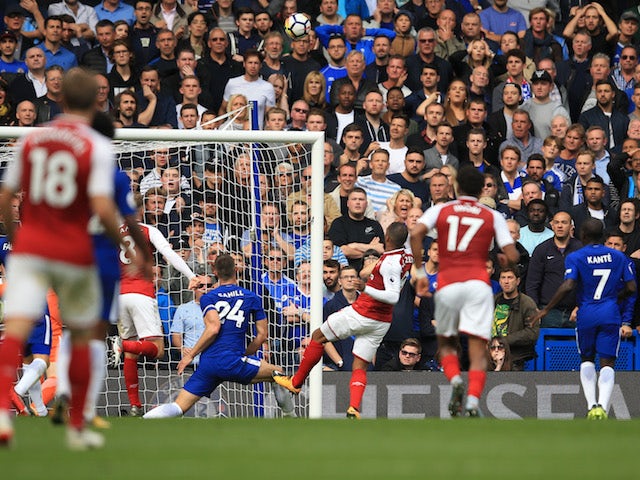 Alexandre Lacazette has a missed chance during the Premier League game between Chelsea and Arsenal on September 17, 2017