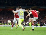 Alexis Sanchez puts the Gunners in the lead during the Europa League game between Arsenal and FC Koln on September 14, 2017