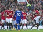 Antonio Valencia celebrates with teammates after opening the scoring during the Premier League game between Manchester United and Everton on September 17, 2017