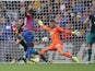 Fraser Forster saves a Christian Benteke shot during the Premier League game between Crystal Palace and Southampton on September 16, 2017