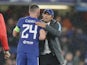 Gary Cahill celebrates with a chilled-out Antonio Conte after the Champions League game between Chelsea and Qarabag on September 12, 2017