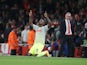Jhon Cordoba celebrates scoring during the Europa League game between Arsenal and FC Koln on September 14, 2017
