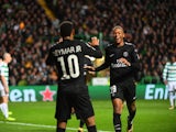 Paris Saint-Germain forwards Neymar and Kylian Mbappe celebrate after scoring during the Champions League win over Celtic on September 12, 2017
