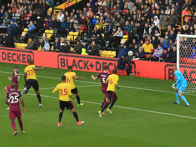Sergio Aguero scores the opener during the Premier League game between Watford and Manchester City on September 16, 2017