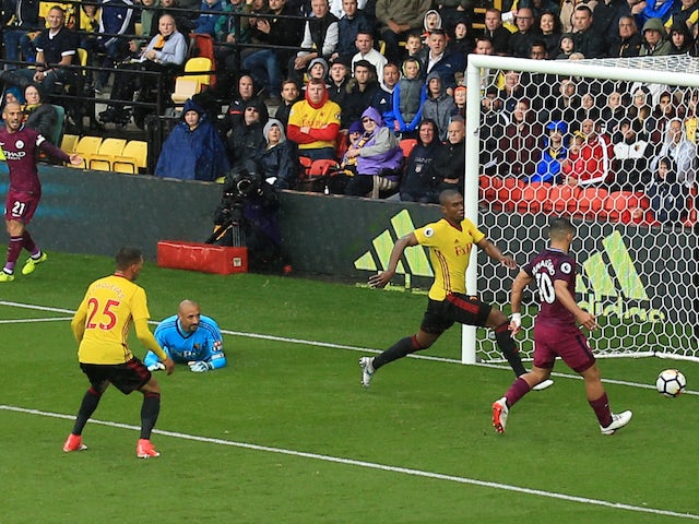 Sergio Aguero nabs his second during the Premier League game between Watford and Manchester City on September 16, 2017