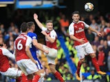 Shkodran Mustafi scores a disallowed goal during the Premier League game between Chelsea and Arsenal on September 17, 2017