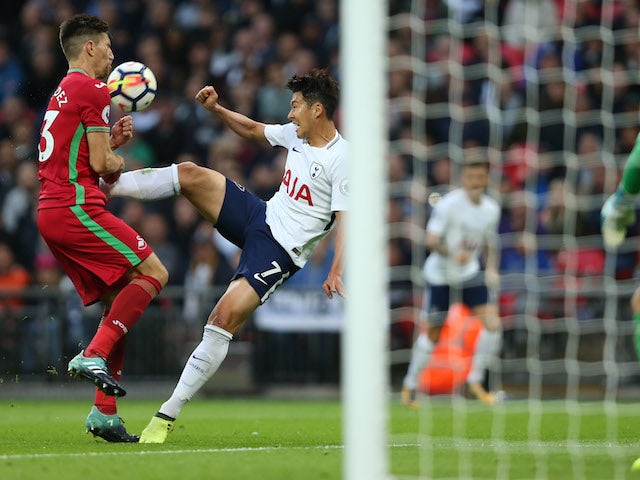Son Heung-min sends his shot over the crossbar during the Premier League game between Tottenham Hotspur and Swansea City on September 16, 2017