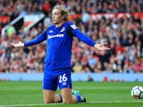Tom Davies gets down on his knees during the Premier League game between Manchester United and Everton on September 17, 2017