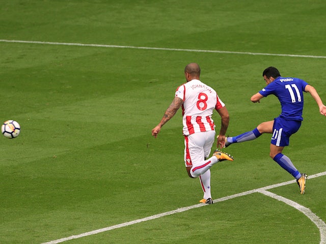 Pedro scores the second during the Premier League game between Stoke City and Chelsea on September 23, 2017
