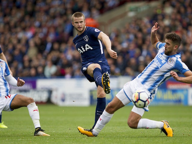 Eric Dier has a shot during the Premier League game between Huddersfield Town and Tottenham Hotspur on September 30, 2017