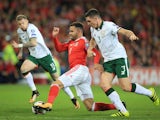 Hal Robson-Kanu, Ciaran Clark and James McClean in action during the World Cup qualifier between Wales and the Republic of Ireland on October 9, 2017