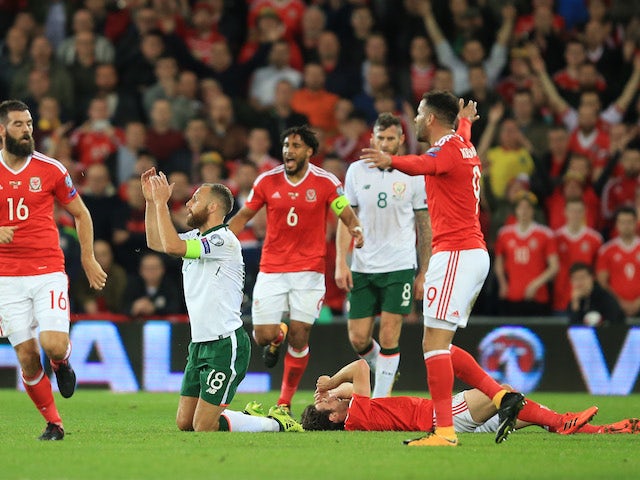 Joe Allen goes down injured during the World Cup qualifier between Wales and the Republic of Ireland on October 9, 2017