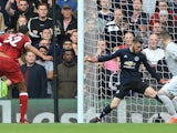 David de Gea saves Joel Matip's shot during the Premier League game between Liverpool and Manchester United on October 14, 2017