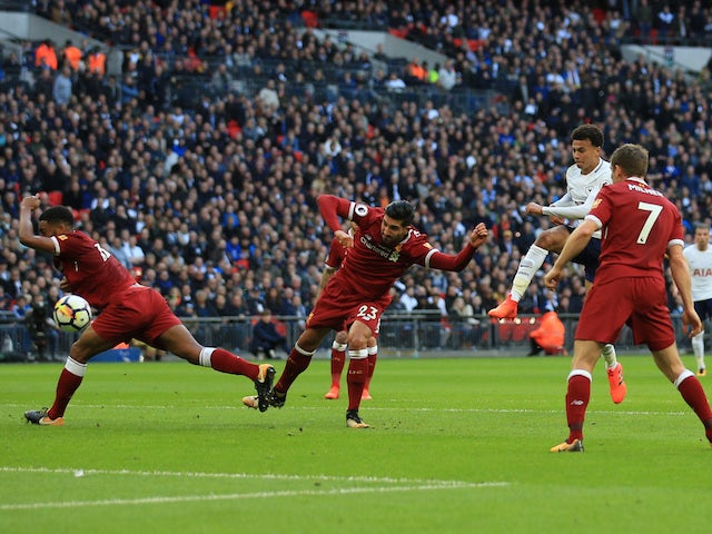 Dele Alli scores his side's third during the Premier League game between Tottenham Hotspur and Liverpool on October 22, 2017