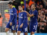 Eden Hazard is congratulated by teammates after scoring during the Champions League group game between Chelsea and Roma on October 18, 2017
