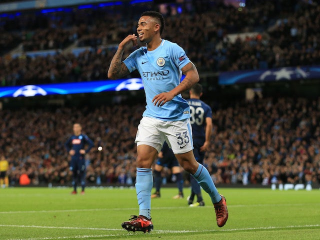 Gabriel Jesus celebrates scoring the second during the Champions League group game between Manchester City and Napoli on October 17, 2017