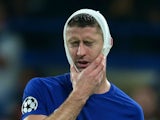 A bandaged Gary Cahill during the Champions League group game between Chelsea and Roma on October 18, 2017