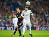 Harry Kane and Sergio Ramos in action during the Champions League group game between Real Madrid and Tottenham Hotspur on October 17, 2017