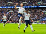 Harry Kane celebrates scoring the opener during the Premier League game between Tottenham Hotspur and Liverpool on October 22, 2017