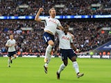Harry Kane celebrates scoring the opener during the Premier League game between Tottenham Hotspur and Liverpool on October 22, 2017