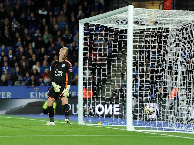 Kasper Schmeichel sees the ball go past him during the Premier League game between Leicester City and West Bromwich Albion on October 16, 2017